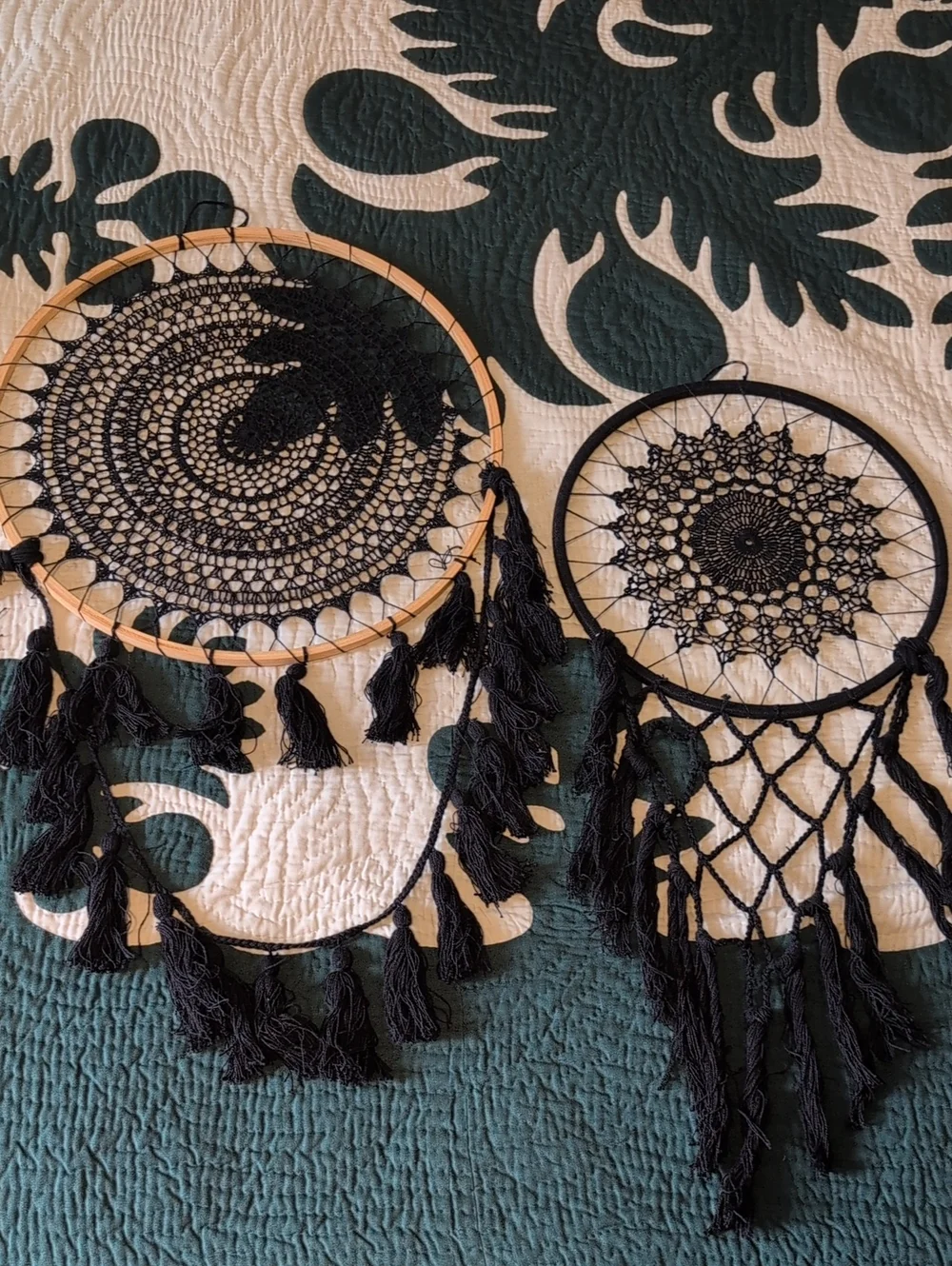 Black Crochet Dreamcatcher Wall Hanging - Home Bedding Accent Set Of 2